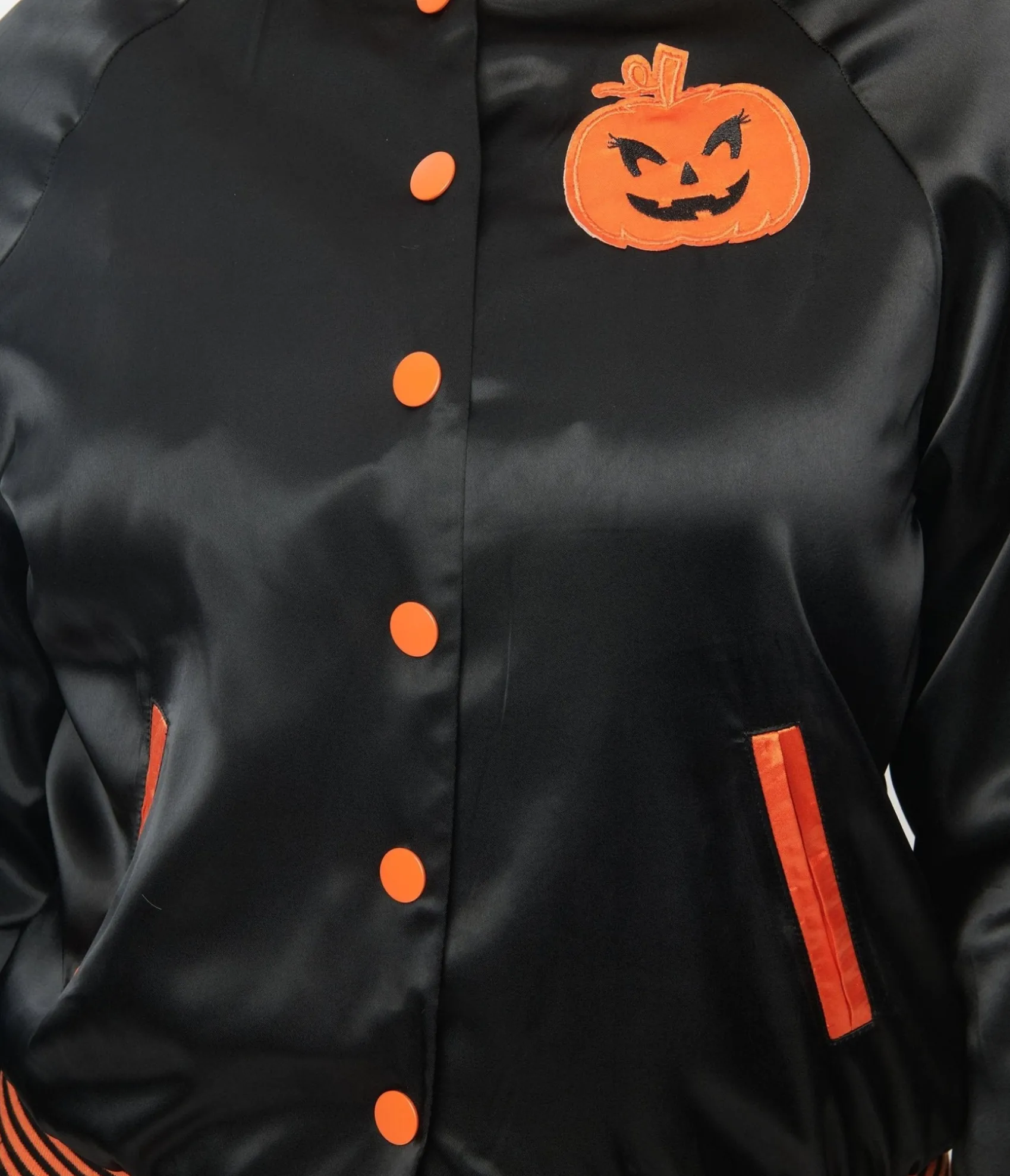 Unique Vintage Black & Orange Scream Queen Satin Bomber Jacket