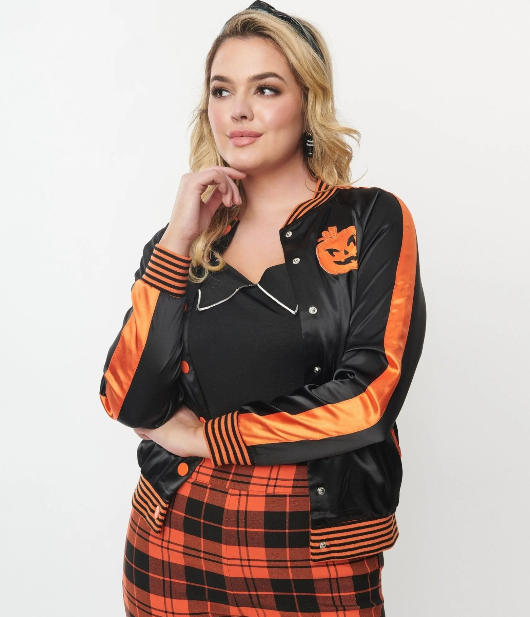 Unique Vintage Black & Orange Scream Queen Satin Bomber Jacket