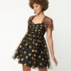 Unique Vintage Black & Pumpkin Print Babydoll Dress