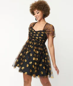 Unique Vintage Black & Pumpkin Print Babydoll Dress