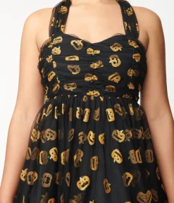 Unique Vintage Black & Pumpkin Print Babydoll Dress