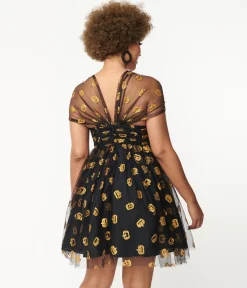 Unique Vintage Black & Pumpkin Print Babydoll Dress