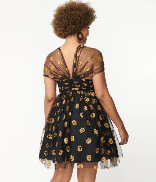 Unique Vintage Black & Pumpkin Print Babydoll Dress
