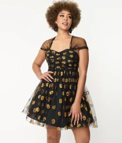 Unique Vintage Black & Pumpkin Print Babydoll Dress