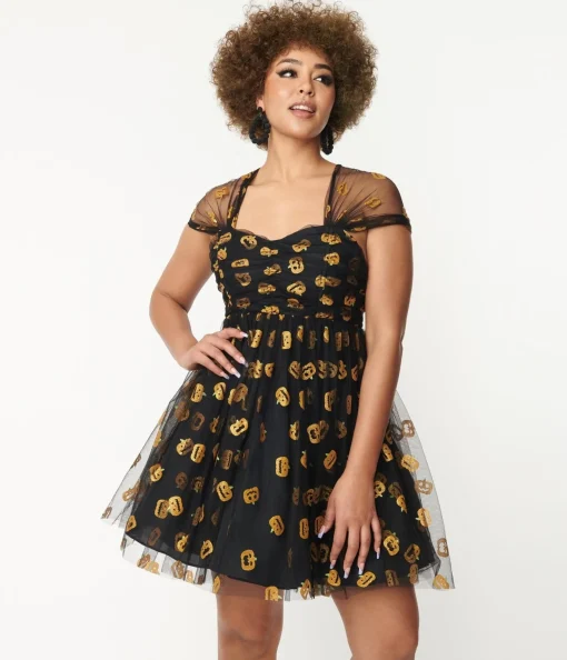 Unique Vintage Black & Pumpkin Print Babydoll Dress