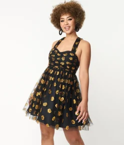 Unique Vintage Black & Pumpkin Print Babydoll Dress