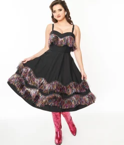 Unique Vintage Black & Rainbow Fringe Girlie Swing Dress