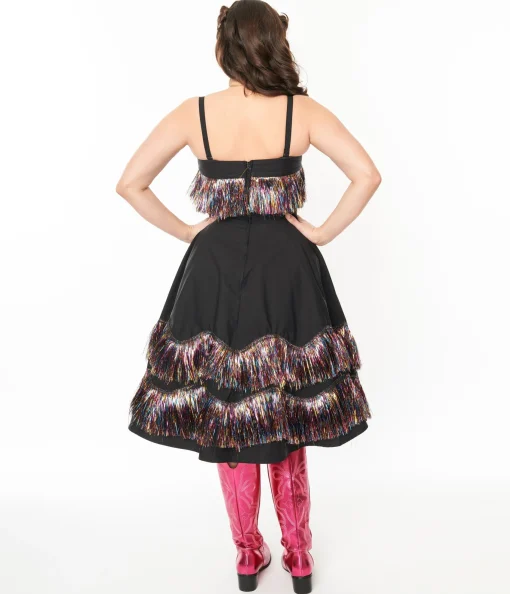 Unique Vintage Black & Rainbow Fringe Girlie Swing Dress