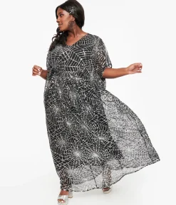 Unique Vintage Black & Silver Sequin Spider Web Burton Caftan Dress