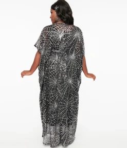 Unique Vintage Black & Silver Sequin Spider Web Burton Caftan Dress