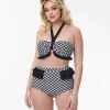 Unique Vintage Black & White Bias Gingham Twist Front Halter Swim Top