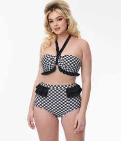 Unique Vintage Black & White Bias Gingham Twist Front Halter Swim Top
