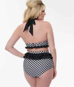 Unique Vintage Black & White Bias Gingham Twist Front Halter Swim Top
