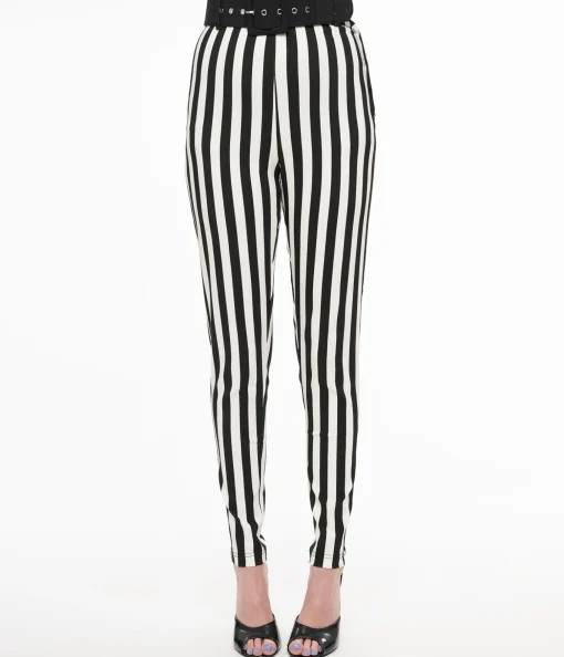 Unique Vintage Black & White Stripe Belted Rizzo Cigarette Pants