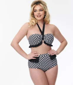 Unique Vintage Black & White Bias Gingham Twist Front Halter Swim Top