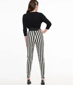 Unique Vintage Black & White Stripe Belted Rizzo Cigarette Pants