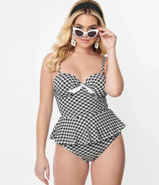 Unique Vintage Black & White Gingham Daphne Swim Bottoms