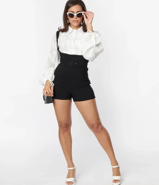 Unique Vintage Black Belted Suspender Shorts