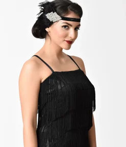 Unique Vintage Black Coque Feather & Silver Rhinestone Headband
