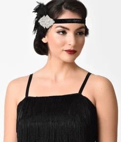 Unique Vintage Black Coque Feather & Silver Rhinestone Headband