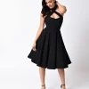 Unique Vintage Black Criss Cross Halter Rita Flare Dress