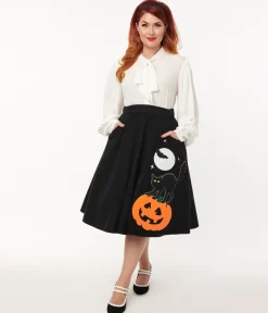Unique Vintage Black Halloween Music Box Soda Shop Swing Skirt