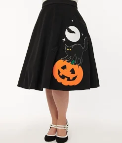 Unique Vintage Black Halloween Music Box Soda Shop Swing Skirt