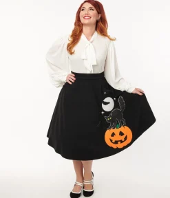 Unique Vintage Black Halloween Music Box Soda Shop Swing Skirt