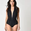 Unique Vintage Black Halter Shirred Derek One Piece Swimsuit