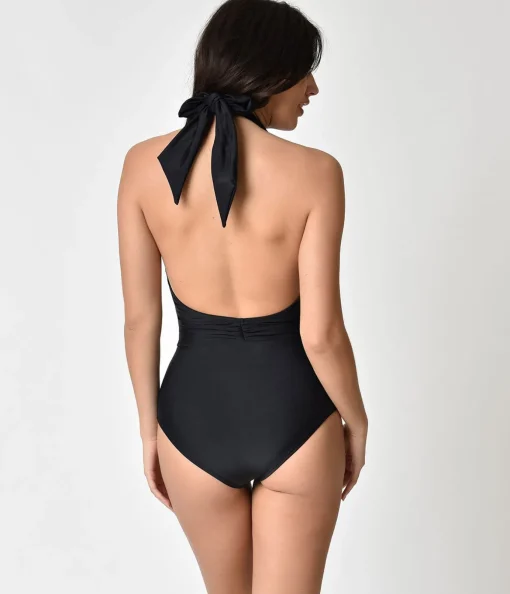 Unique Vintage Black Halter Shirred Derek One Piece Swimsuit