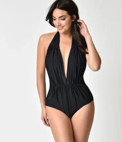 Unique Vintage Black Halter Shirred Derek One Piece Swimsuit