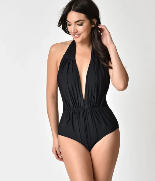 Unique Vintage Black Halter Shirred Derek One Piece Swimsuit