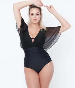 Unique Vintage Black Mesh Sleeved Torrey Swimsuit