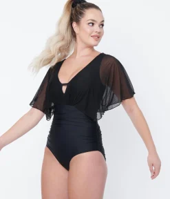Unique Vintage Black Mesh Sleeved Torrey Swimsuit