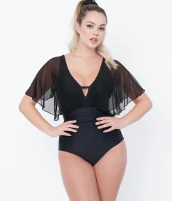 Unique Vintage Black Mesh Sleeved Torrey Swimsuit