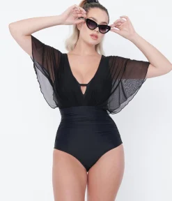 Unique Vintage Black Mesh Sleeved Torrey Swimsuit