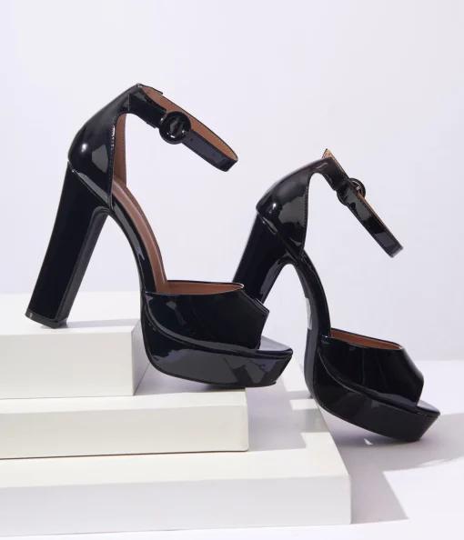 Unique Vintage Black Patent Leatherette Platform Sandals