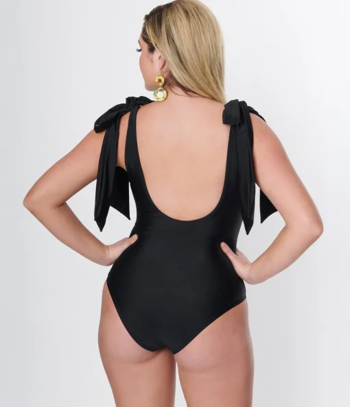 Unique Vintage Black Plunge One Piece Swimsuit