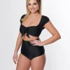 Unique Vintage Black Shirred Bow Bandeau Swim Top