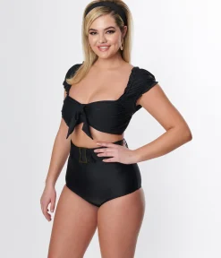Unique Vintage Black Shirred Bow Bandeau Swim Top