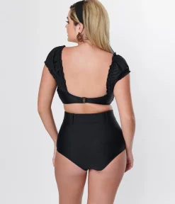 Unique Vintage Black Shirred Bow Bandeau Swim Top
