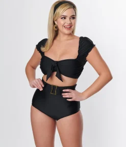 Unique Vintage Black Shirred Bow Bandeau Swim Top