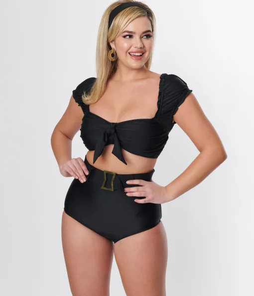 Unique Vintage Black Shirred Bow Bandeau Swim Top