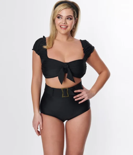 Unique Vintage Black Shirred Bow Bandeau Swim Top
