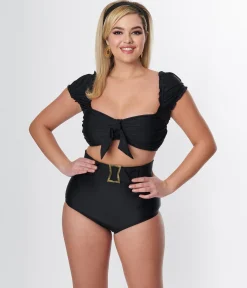 Unique Vintage Black Shirred Bow Bandeau Swim Top