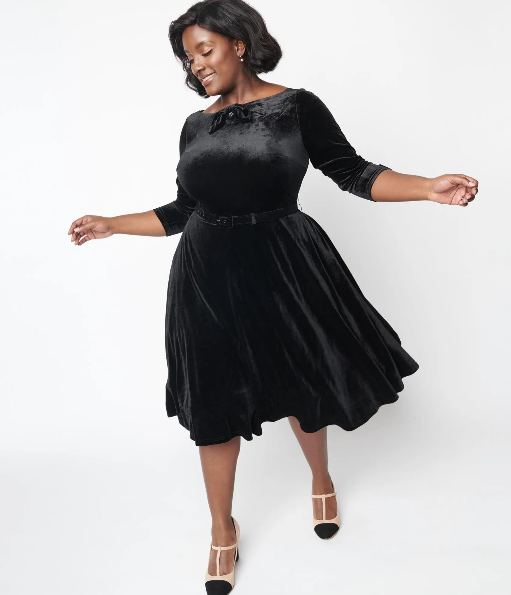 Unique Vintage Black Velvet Faux Bow Devon Swing Dress