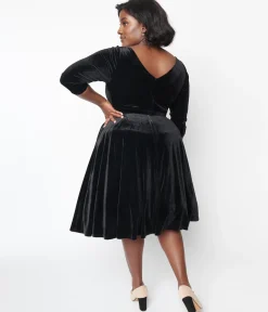 Unique Vintage Black Velvet Faux Bow Devon Swing Dress