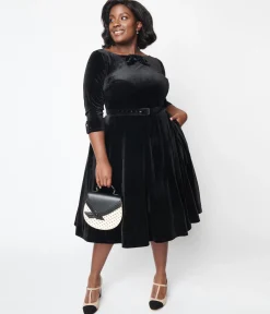 Unique Vintage Black Velvet Faux Bow Devon Swing Dress