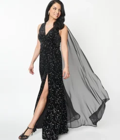 Unique Vintage Black Velvet Constellation Cape Gown