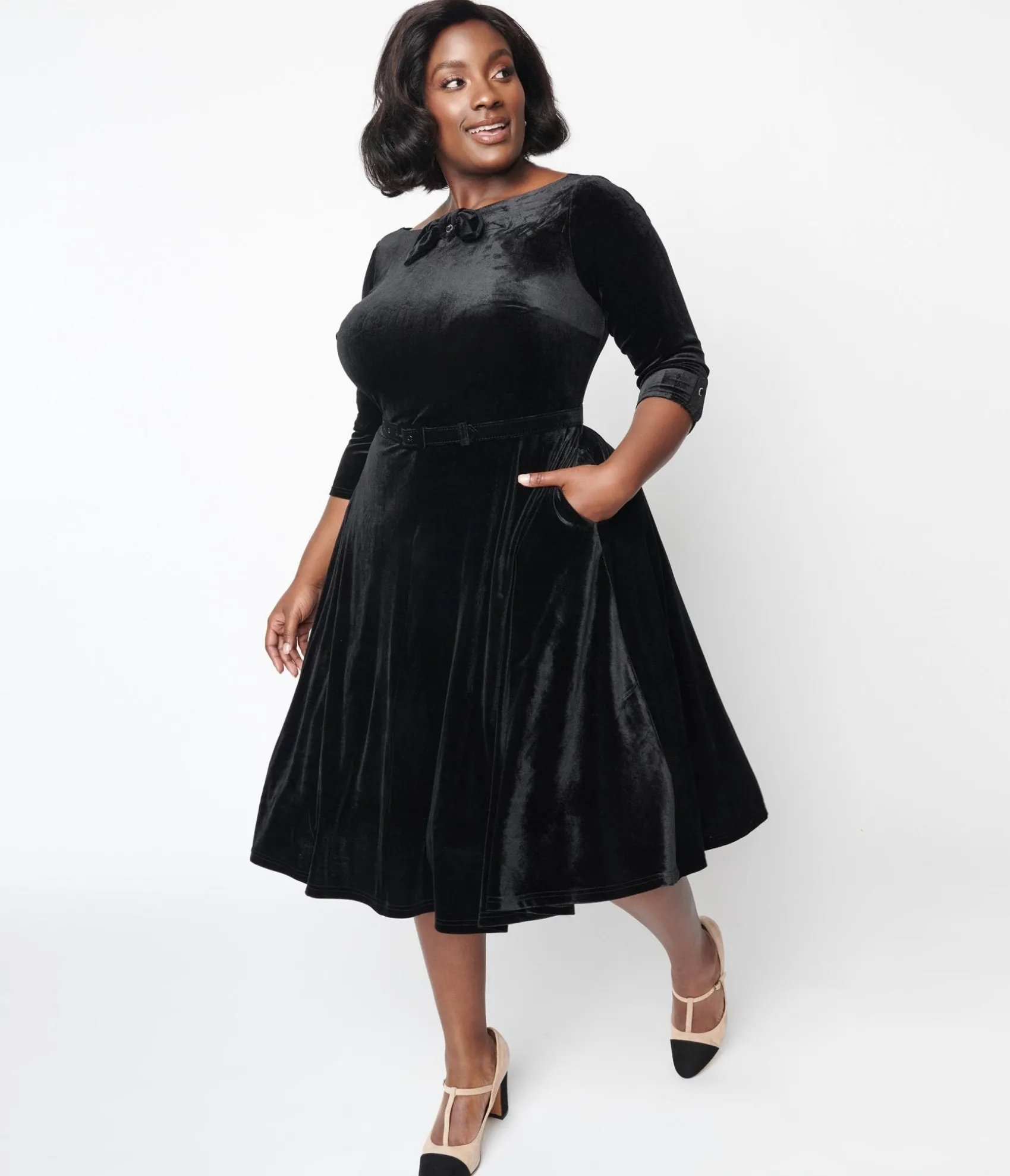 Unique Vintage Black Velvet Faux Bow Devon Swing Dress